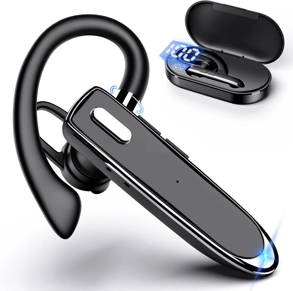 Bluetooth Earpiece Handsfree, Single Wireless Headset with Noise Canceling Mic, LED Charging Case iphone android