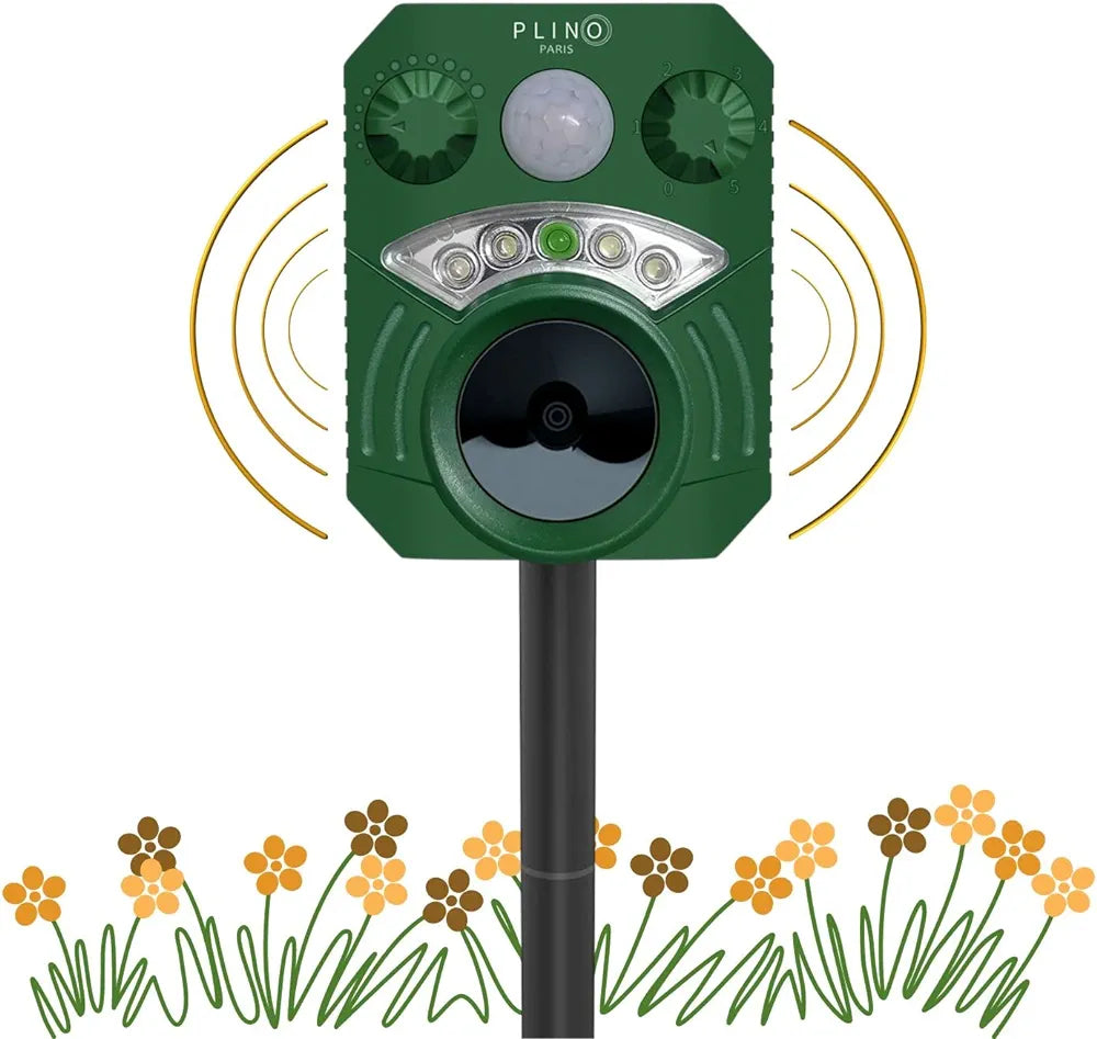 PLINO Outdoor Cat Repeller - Ultrasonic Cat Repeller Variable Frequencies - Ultrasonic Cat USB and Solar Charging - Waterproof - Powerful Outdoor Cat Repellent for Vegetable Gardens and Fields