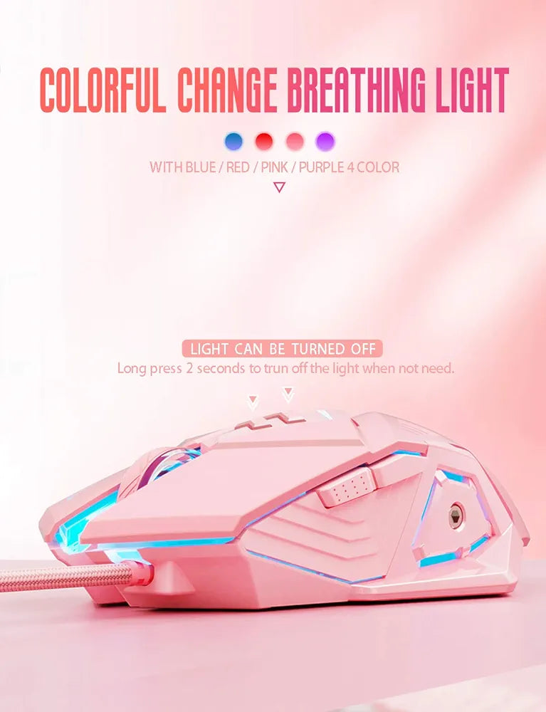 PW5 Wired Gaming Mouse, 7 Programmable Buttons, Silent Click, 4 Levels Adjustable DPI, RGB, USB Wired Mice for PC, Mac, Laptop, Computer-Pink