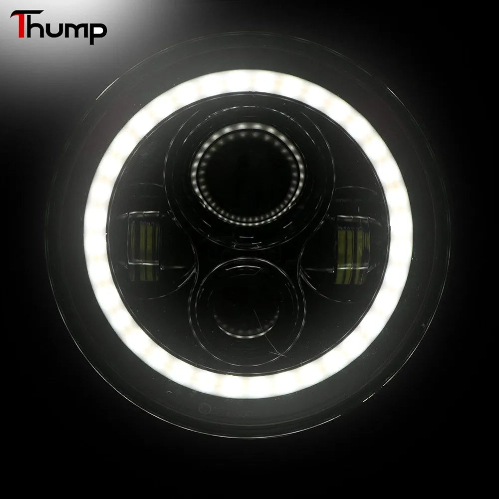 Thump Harley Style 7 Inch Round LED Headlight with Full Ring Hi/Lo Beam and Halo Angel Eyes for Motorcycle Cars and Bikes (75W) (Pack of 1)