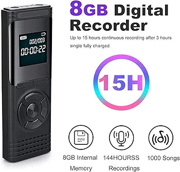 8GB Digital Voice Recorder with MP3 Player, LCD Dictaphones Easy to Use, USB Rechargeable Activated Recording, Stereo HD Recording Device, for meetings, lectures