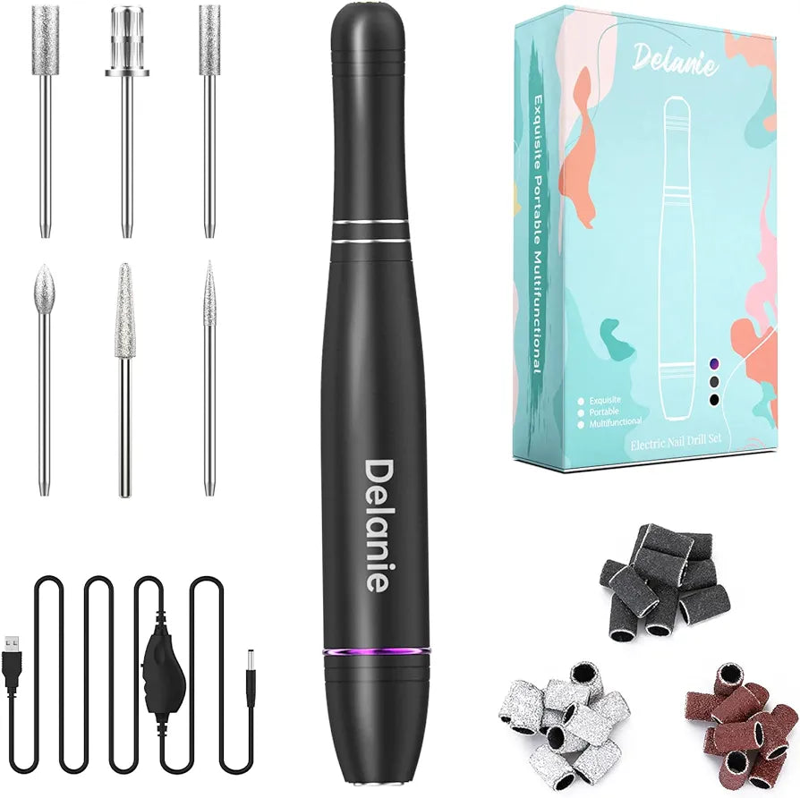 Delanie Electric Nail Files, Portable Nail Drill Kit with Nail Drill Bits and Sanding Bands, Professional Efile of 20000 RPM for Natural Nails, Gel Polish (Black)