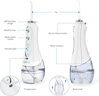 H2ofloss Water Flosser Professional Cordless Dental Oral Irrigator - Portable and Rechargeable IPX7 Waterproof Water Flossing for Teeth Cleaning,300ml Reservoir Home and Travel (HF-6)