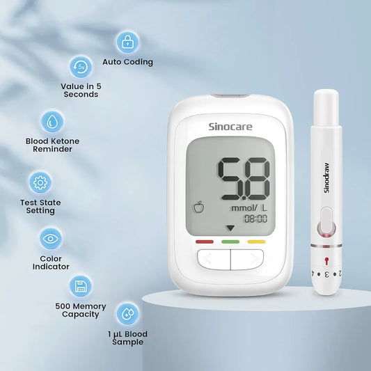 sinocare Safe AQ Pro I Blood Glucose Monitor 500 Memory, with Blood Ketone Warning, for UK Diabetes, Results in mmol/L