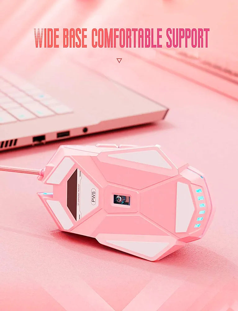 PW5 Wired Gaming Mouse, 7 Programmable Buttons, Silent Click, 4 Levels Adjustable DPI, RGB, USB Wired Mice for PC, Mac, Laptop, Computer-Pink