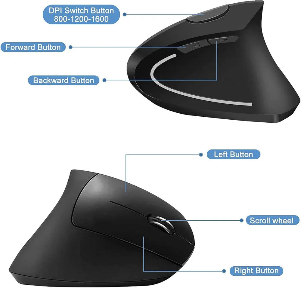 Vertical Wireless Mouse Rechargeable Ergonomic Mouse 2.4GHz Vertical Optical Mouse, Adjustable DPI 800/1200 /1600, 6 Buttons