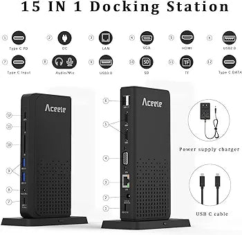 Aceele 15 in 1 Triple USB C Docking Station Display USB C SD/TF Hub, HDMI, VGA, LAN, Audio, 100W Pd, Multiport Adapter for MacBook Pro/Air, Dell XPS, HP, Surface and Lenovo