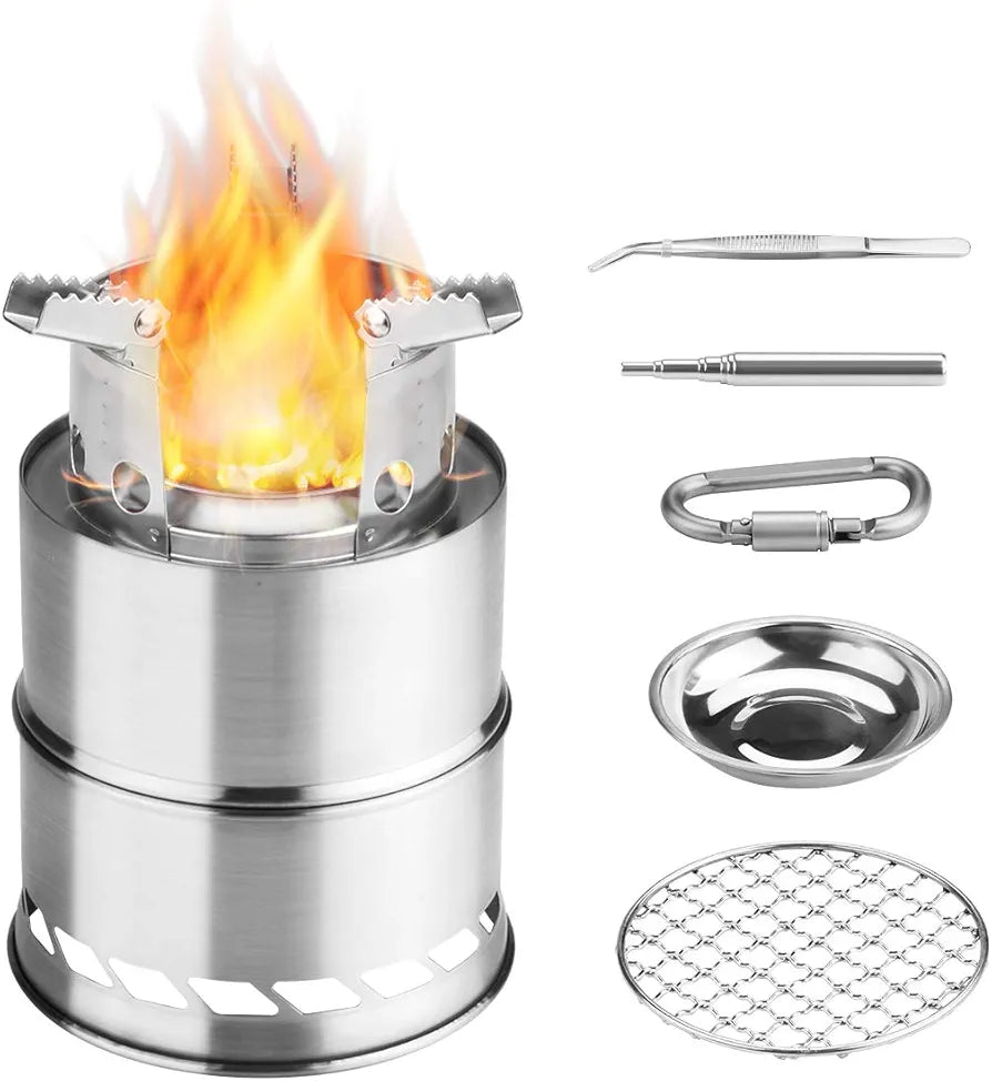 Awroutdoor Stainless Steel Foldable Camping Wood Stove with Alcohol Bowl BBQ Net for Hiking Trekking