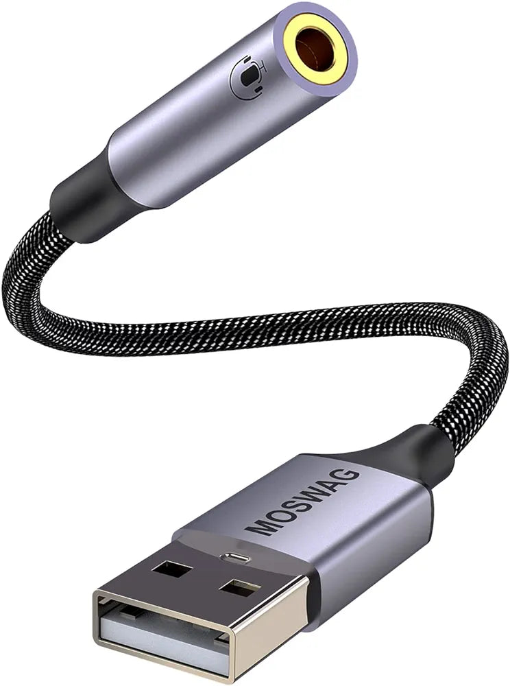 MOSWAG USB to Audio Jack Adapter 0.65Feet/20cm,External Sound Card Jack Audio Adapter with 3.5mm Aux Stereo Converter Compatible with Headset,PC,Laptop,Linux,Desktops,PS4 and More Device