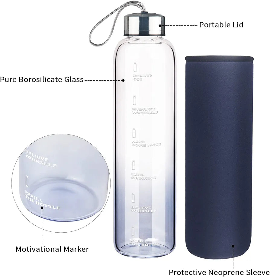 SHBRIFA Borosilicate Glass Water Bottle 32oz, BPA Free Glass Drinking Bottle with Neoprene Sleeve and Leak-Proof Stainless Steel Lid