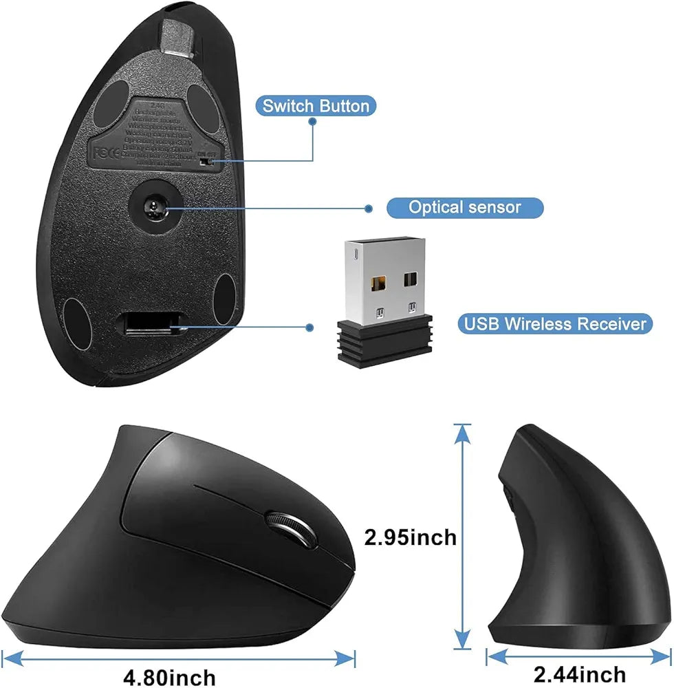 Vertical Wireless Mouse Rechargeable Ergonomic Mouse 2.4GHz Vertical Optical Mouse, Adjustable DPI 800/1200 /1600, 6 Buttons