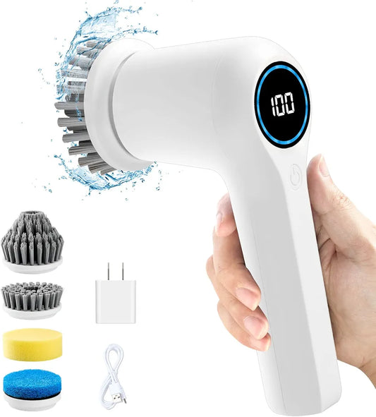 Electric Spin Scrubber, Power Cleaning Brush Shower Scrubber with Digital Display and 4 Replaceable Heads, 2 Adjustable Speeds, Electric Scrubber Brush for Cleaning Bathroom Tile Floor Bathtub Window