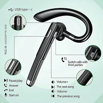 Business BT-YYK-520 Bluetooth 5.0 Headset with Mic, Wireless Ear-Hook Earphone, Mono Boom Mic, Hands-Free Noise-Cancelling, 500mAh Charging Case, Universal Fit,
