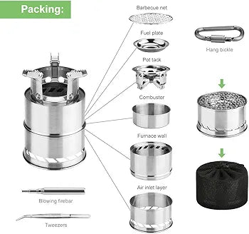 Awroutdoor Stainless Steel Foldable Camping Wood Stove with Alcohol Bowl BBQ Net for Hiking Trekking