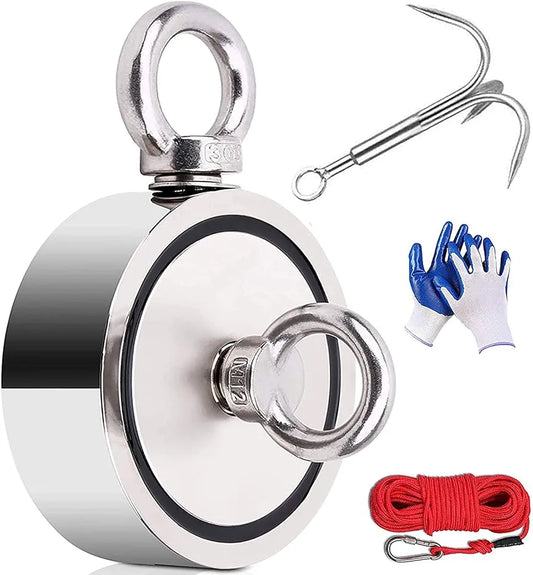 Magnetic Fishing Set 770 kg Double-Sided Eyelet Magnet with Rope 20 m Carabiner Search Anchor Gloves Diameter 94 mm