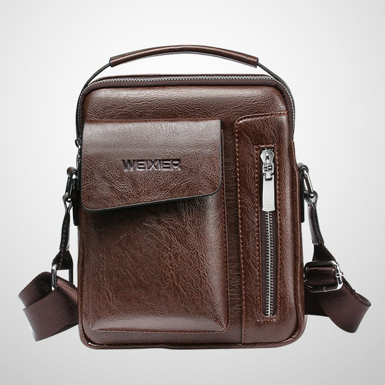 Men Shoulder Bag PU Leather Wear-resisting Zipper Messenger Bag Crossbody Bag for Business and Casual - Large Size (Brown)