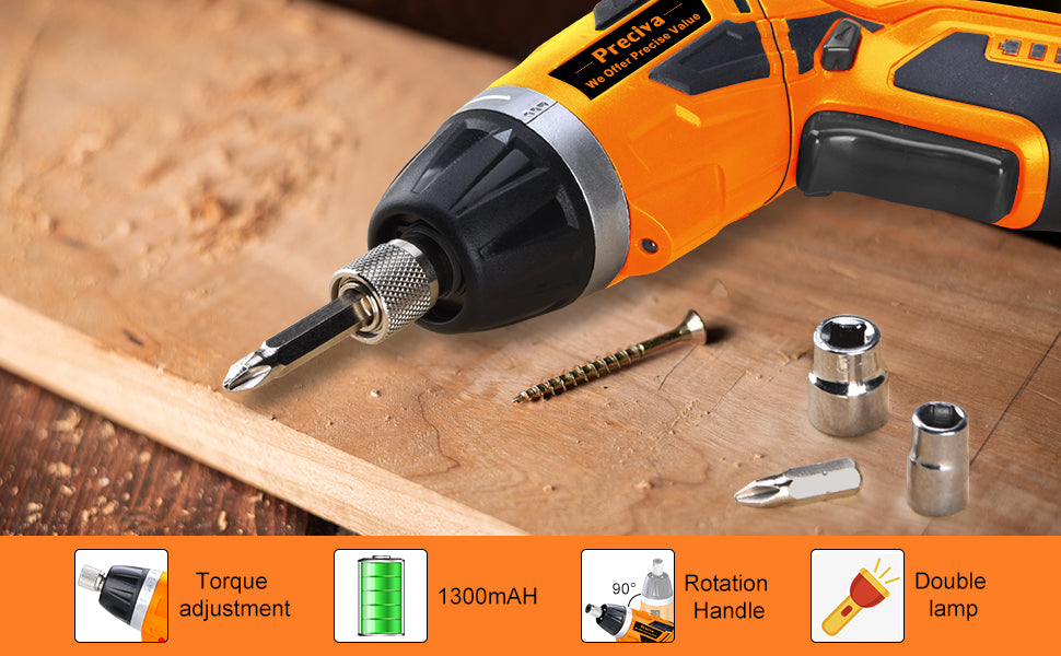 Electric Screwdriver, Preciva 3.6 V Mini Cordless Screwdriver Tool, 0.7-4NM Rechargeable Screwdriver Rotatable 90º with 33 Accessories,7 Speeds, USB Cable, Led Light for Home DIY&Office