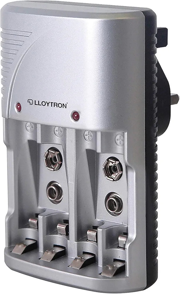 LLOYTRON Compact AA / AAA / 9v (PP3) Battery Charger for NiMh / NiCd Rechargeable Batteries ? Charge 2 or 4 Batteries at Once ? B1502 - Silver