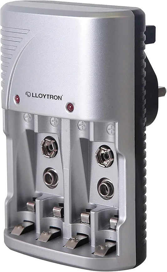 LLOYTRON Compact AA / AAA / 9v (PP3) Battery Charger for NiMh / NiCd Rechargeable Batteries ? Charge 2 or 4 Batteries at Once ? B1502 - Silver