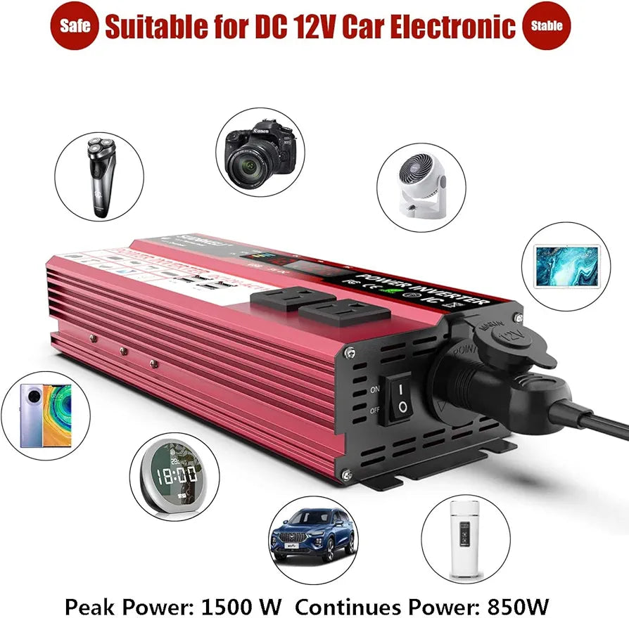 SUDOKEJI 1500W Power Inverter DC 12V to 240V AC Car Converter 12V Inverter with 12v Cigarette Lighter with 4.8A 4 USB 2 AC Sockets Car Adapter With LCD Display