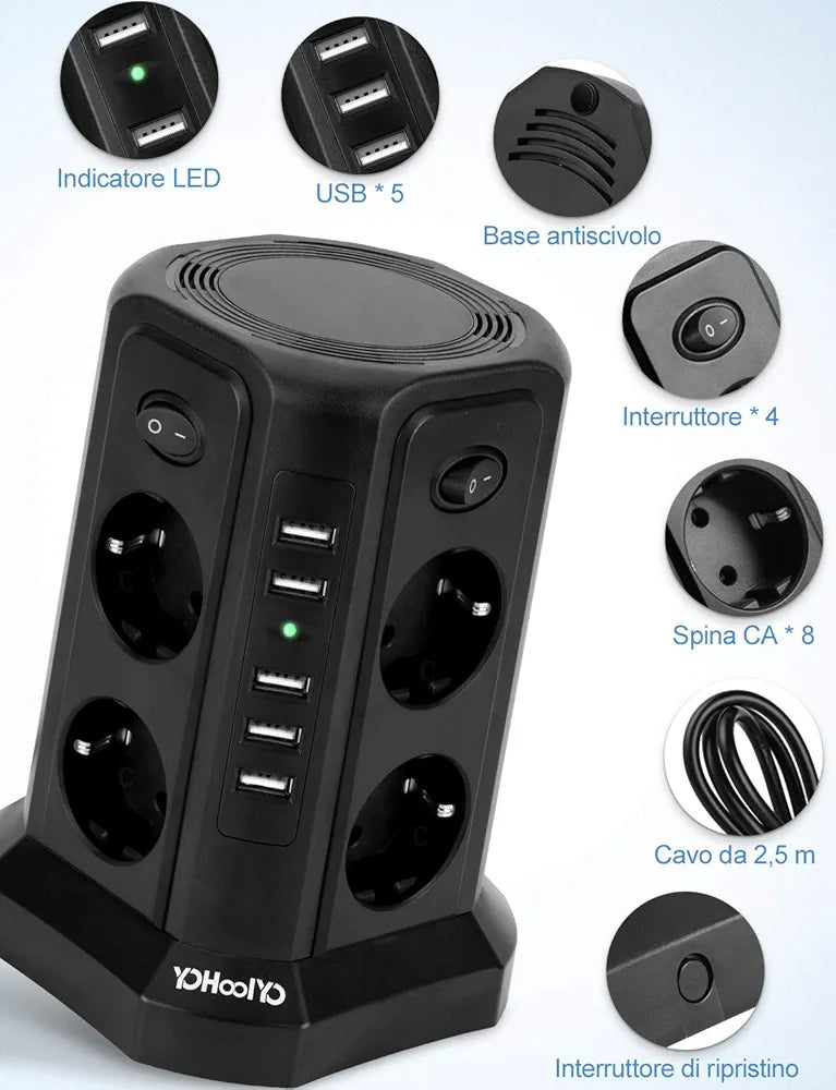 YOHOOLYO Vertical Multiple Socket, 8 Sockets and 5 USB Charging Ports, Overcurrent Protection, 2500W, 4 Independent Switches