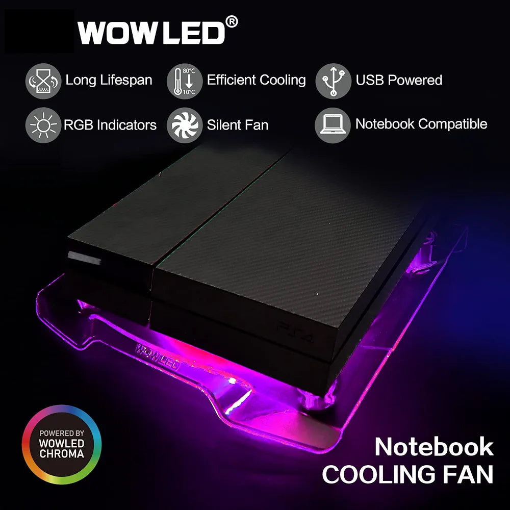 WOWLED Upgrade USB RGB LED Cooler Cooling Fan Stand, Wireless Remote Controller IR, Multi-color LED Light Accessories for PS4 Playstation 4 Pro, PS4 Slim, XBOX One X, Notebook, Laptop, Gaming Consoles