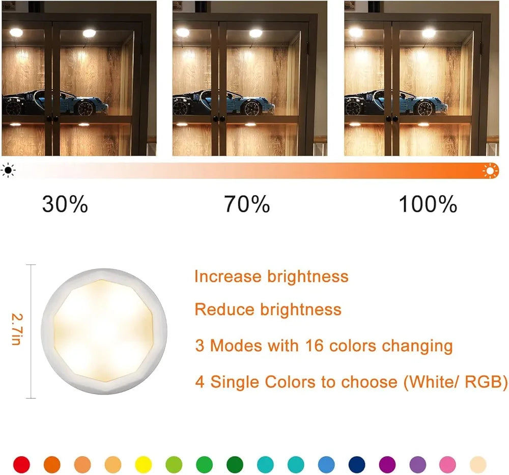 Under-Cabinet-Lights-Rechargeable-Puck-Light: LED Closet Lights with Changeable 16 Colors USB Charging Battery Lights with Timing,Dimmable Under Counter Lights for Kitchen Bedroom