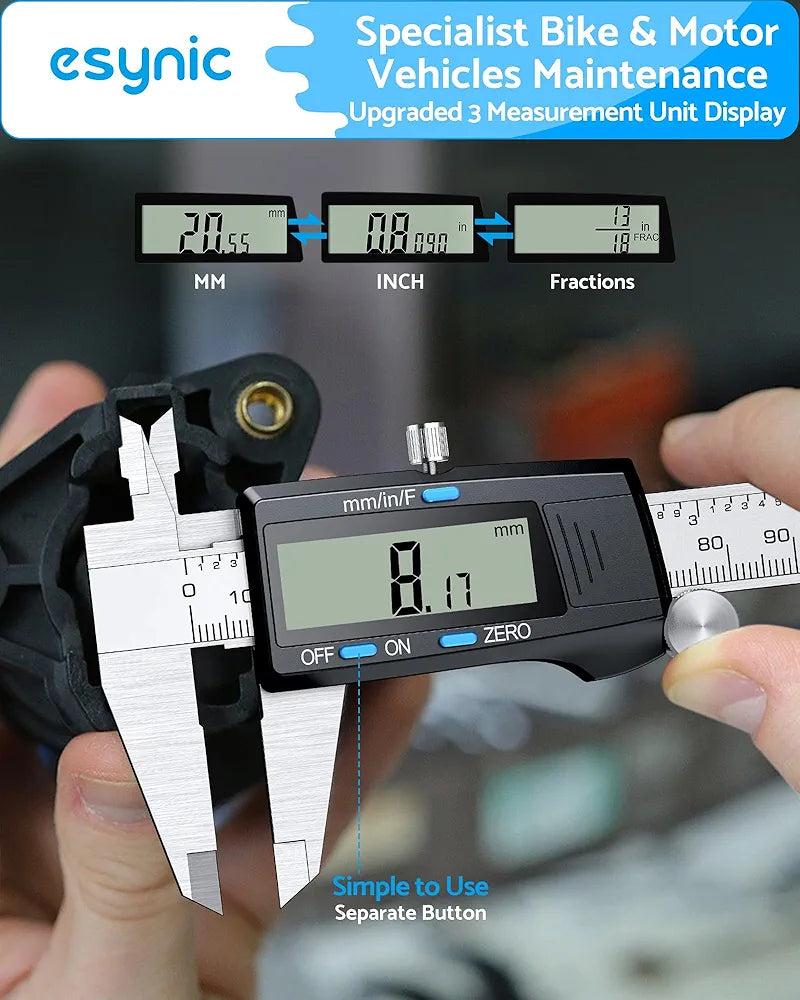 eSynic Digital Caliper 150 mm / 6 Inch Stainless Steel Calliper Electronic Caliper Inch/Metric/Fraction Conversion for Distances Through Depth Inner Diameter Outer Diameter Black