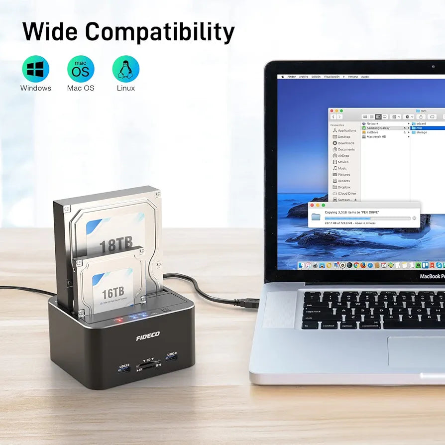 FIDECO Hard Drive Docking Station, USB 3.0 SATA to HDD Docking Station for 2.5 & 3.5 inch SATA HDD/SSD, Dual Bay, Support Offline Clone (Aluminum and ABS)