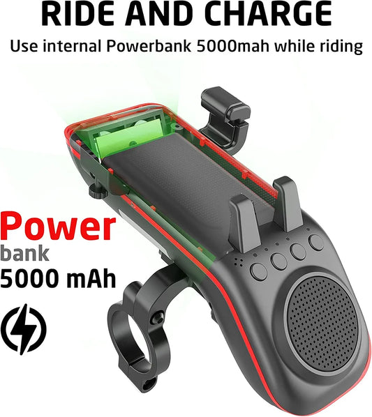 UPPEL Bike Phone Holder 10-in-1 - Multifunctional Bluetooth Bicycle Speaker - LED Light - Power Bank - Bike Horn - Microphone - Ideal for Road & Mountain Bike - Extreme & Casual Cycling Black