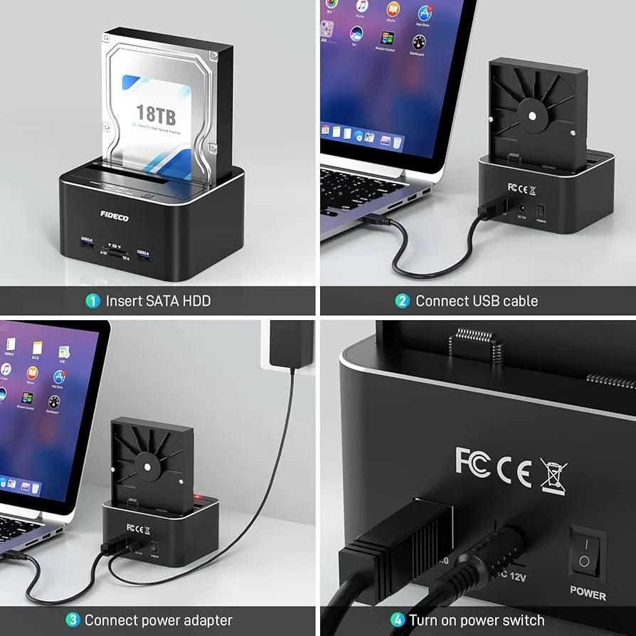 FIDECO Hard Drive Docking Station, USB 3.0 SATA to HDD Docking Station for 2.5 & 3.5 inch SATA HDD/SSD, Dual Bay, Support Offline Clone (Aluminum and ABS)