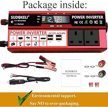 SUDOKEJI 1500W Power Inverter DC 12V to 240V AC Car Converter 12V Inverter with 12v Cigarette Lighter with 4.8A 4 USB 2 AC Sockets Car Adapter With LCD Display