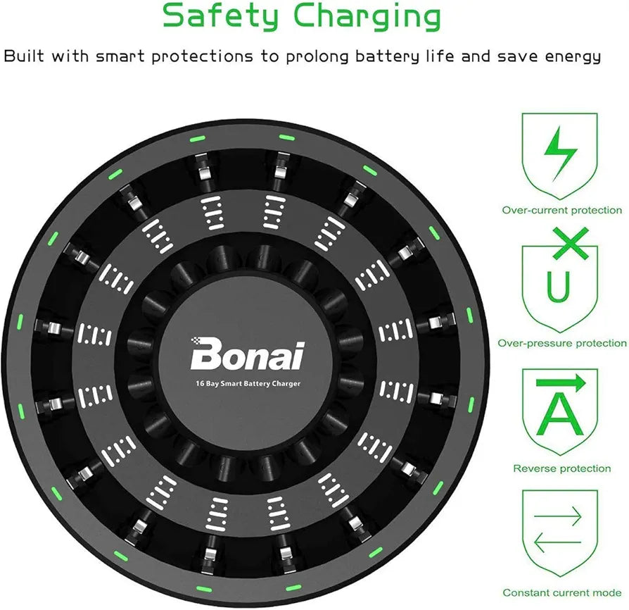 BONAI Rechargeable AA Batteries with Charger, 16 Bay Smart AA AAA Battery Charger and 16 Pack AA Rechargeable Batteries(2800mAh High Capacity, Round-Design Charger)