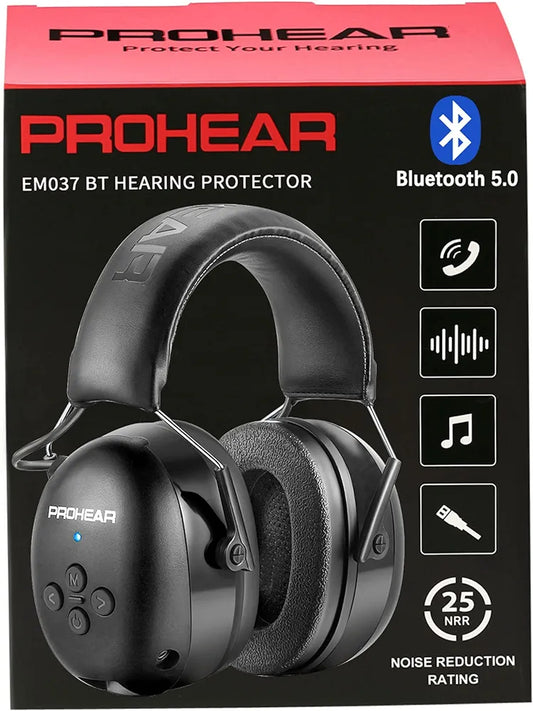 PROHEAR 037 Bluetooth 5.0 Hearing Protection Headphones with Rechargeable 1100mAh Battery, 25dB NRR Safety Noise Reduction Ear Muffs 40H Playtime for Mowing, Workshops, Snowblowing - Black