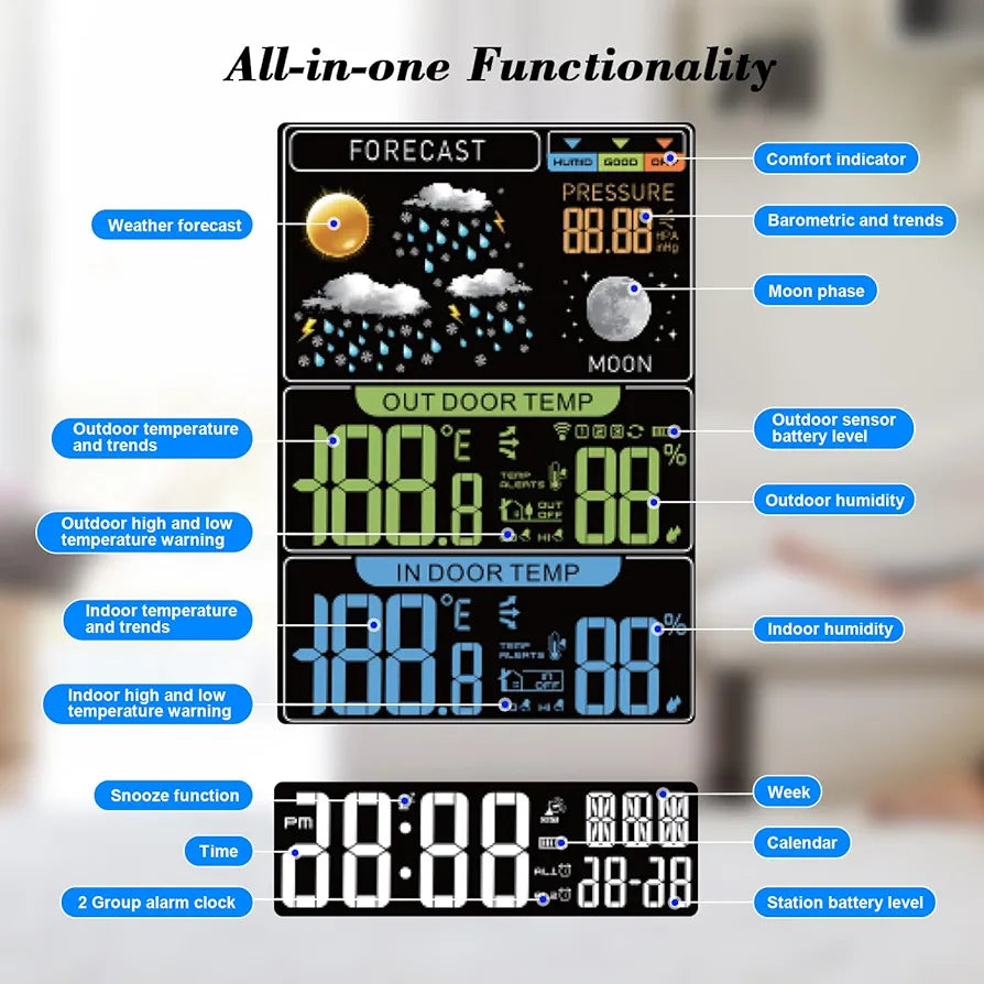 Colour Weather Station with Outdoor Sensor, Indoor and Outdoor Thermometer with Large Display, Temperature, Humidity, Weather Forecast, Alarm Clock, Moon Phases