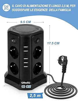 YOHOOLYO Vertical Multiple Socket, 8 Sockets and 5 USB Charging Ports, Overcurrent Protection, 2500W, 4 Independent Switches