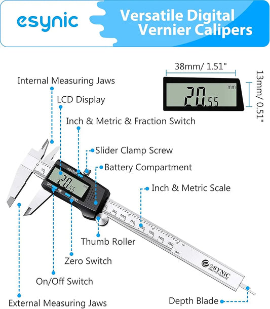 eSynic Digital Caliper 150 mm / 6 Inch Stainless Steel Calliper Electronic Caliper Inch/Metric/Fraction Conversion for Distances Through Depth Inner Diameter Outer Diameter Black