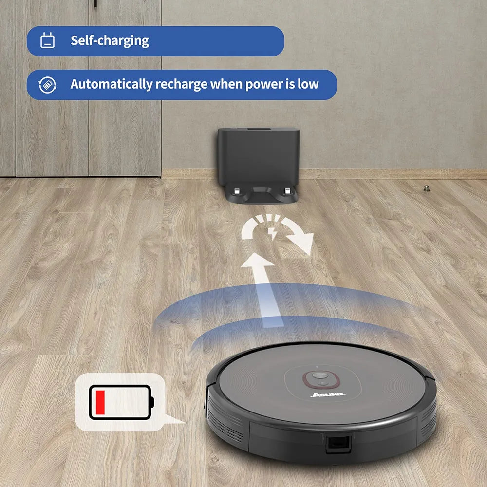 Asuka Robot Vacuum Cleaner S1 - Quite Robotic Vacuum Cleaner No-Go Areas 2000Pa Slim Design Robot Vacuums Carpets Boost Intellect Self-Charging Vacuum Cleaner for Pet Hair- Black