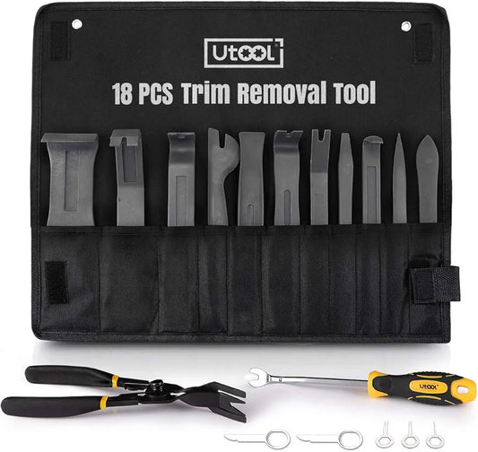 UTOOL Trim Removal Tool Kit Pro 18pcs for Auto Car Door Trim Panel Removal with Clip Fastener Remover Pliers and Radio Audio Stereo Removal Tools, Black