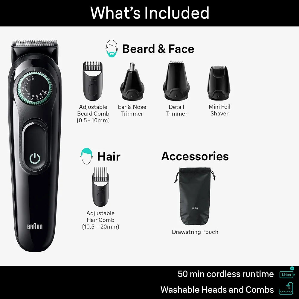 Braun All-in-One Style Kit Series 3 3470, 7-in-1 Trimmer for Men with Beard Trimmer, Ear & Nose Trimmer, Hair Clippers & More, Ultra-Sharp Blade, 40 Length Settings, Washable