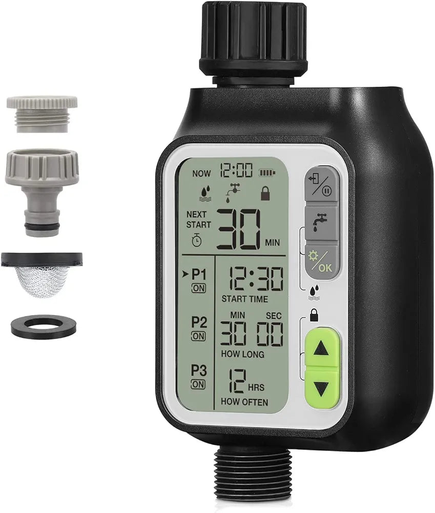 Water Timer Digital Irrigation Timer Programmable Watering Timer Sprinkler Timer IP65 Waterproof/Child Lock Mode/Auto&Manual Mode/Rainwater Sensor Function