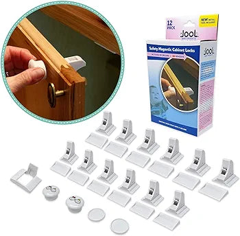 Magnetic Cabinet Locks (12 Locks + 2 Keys) with Adhesive, Easy Installation Tool - Child Proof Drawers - No Tools Or Screws Needed - Jool Baby