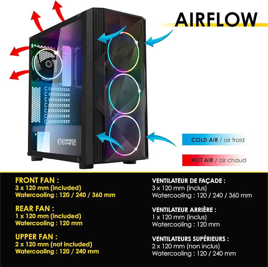 Empire Gaming Diamond PC Case, Gamer ARGB Medium ATX Tower Facade, Made of Diamond Plexiglass and Safety Glass Side Door, 4 Fans, 5 V LED RGB Addressable, 120 mm