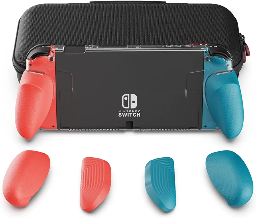 Skull & Co. GripCase OLED Bundle for Nintendo Switch OLED Model: A Dockable Transparent Protective Case with Interchangeable Grips [to fit All Hands Sizes] [with Carrying Case] - Neon Blue+Neon Red