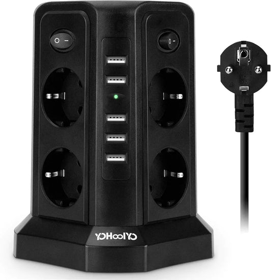 YOHOOLYO Vertical Multiple Socket, 8 Sockets and 5 USB Charging Ports, Overcurrent Protection, 2500W, 4 Independent Switches