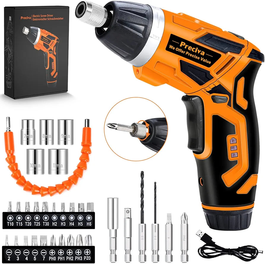 Electric Screwdriver, Preciva 3.6 V Mini Cordless Screwdriver Tool, 0.7-4NM Rechargeable Screwdriver Rotatable 90º with 33 Accessories,7 Speeds, USB Cable, Led Light for Home DIY&Office