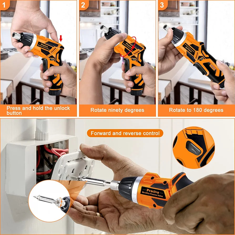 Electric Screwdriver, Preciva 3.6 V Mini Cordless Screwdriver Tool, 0.7-4NM Rechargeable Screwdriver Rotatable 90º with 33 Accessories,7 Speeds, USB Cable, Led Light for Home DIY&Office