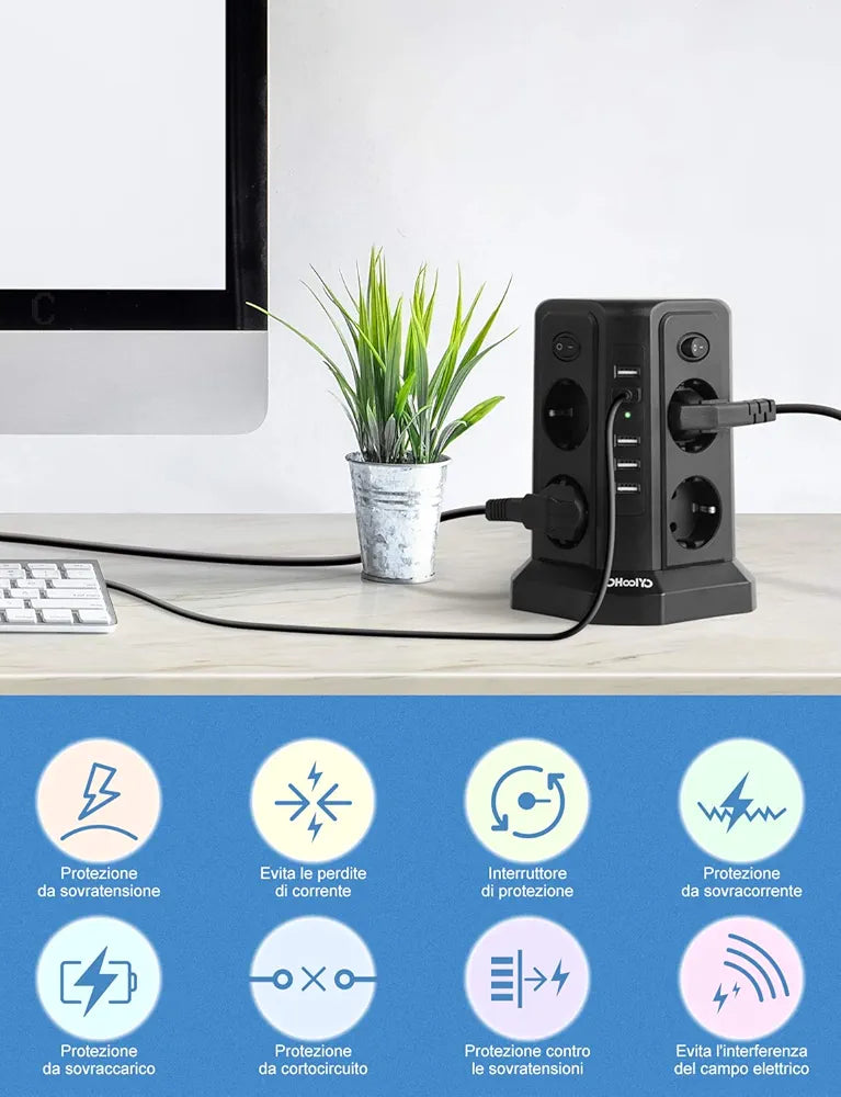 YOHOOLYO Vertical Multiple Socket, 8 Sockets and 5 USB Charging Ports, Overcurrent Protection, 2500W, 4 Independent Switches