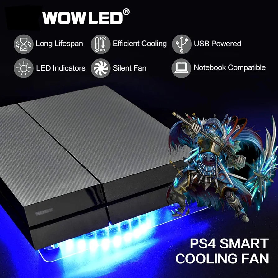 WOWLED Upgrade USB RGB LED Cooler Cooling Fan Stand, Wireless Remote Controller IR, Multi-color LED Light Accessories for PS4 Playstation 4 Pro, PS4 Slim, XBOX One X, Notebook, Laptop, Gaming Consoles