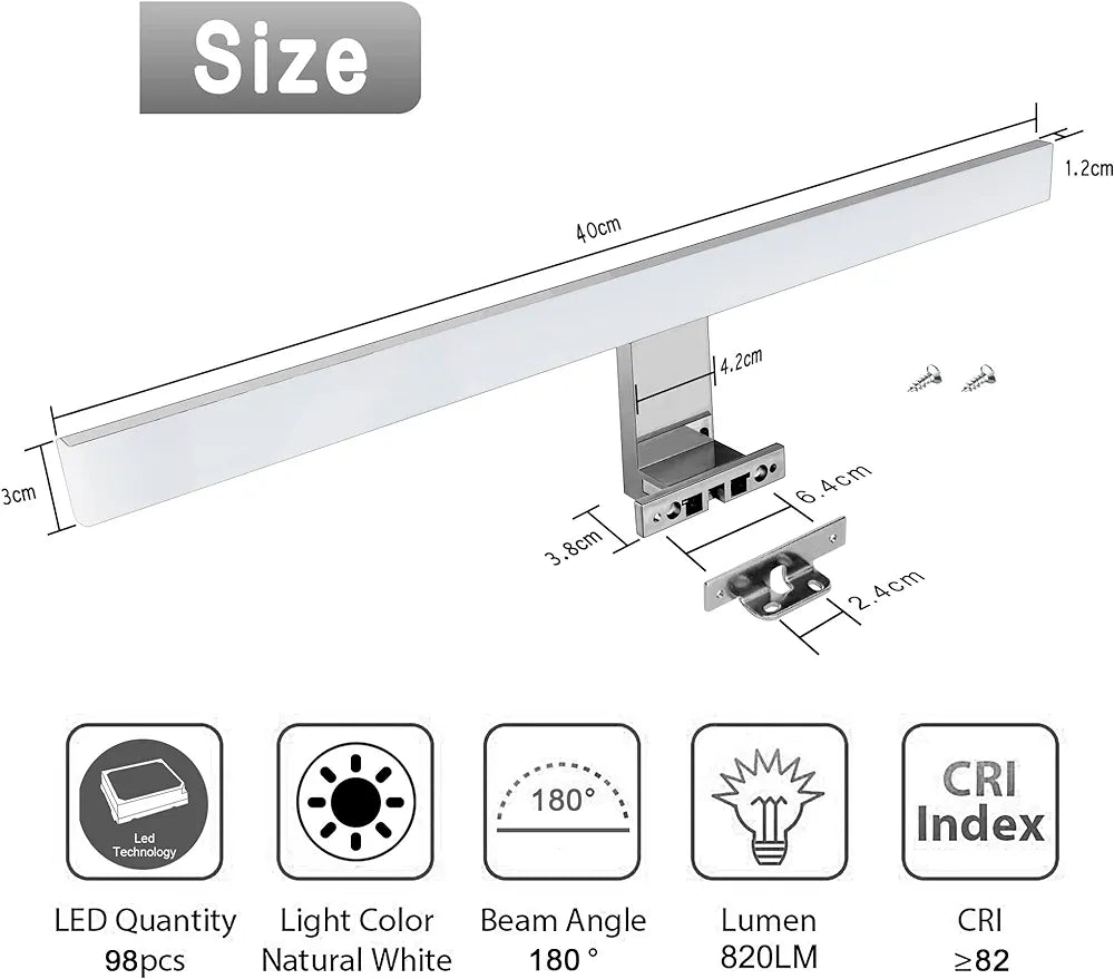 Aourow LED Mirror Light/Bathroom Mirror lamp 10W 820lm 40cm Neutral White 4000K,3 in 1 Bathroom Mirror Light IP44 230V,Nickel-Chrome Alloy Steel LED Cabinet Light,Product Length: 400 mm